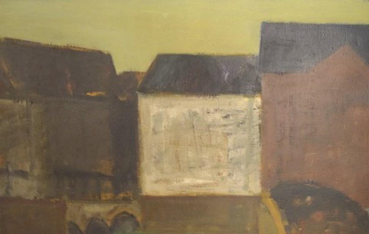 Per Damm, Danish Painter, Modernist Landscape with Houses and Canal In Good Condition In Copenhagen, DK