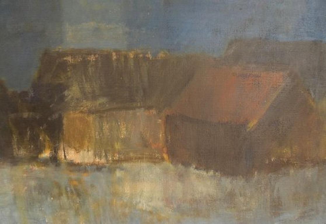 Scandinavian Modern Per Damm (b.1929), Danish Painter, Modernist Landscape with Houses and the Sea