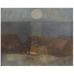 Per Damm (b.1929), Danish Painter, Modernist Landscape with Houses and the Sea