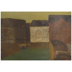 Per Damm, Danish Painter, Modernist Landscape with Houses and Canal