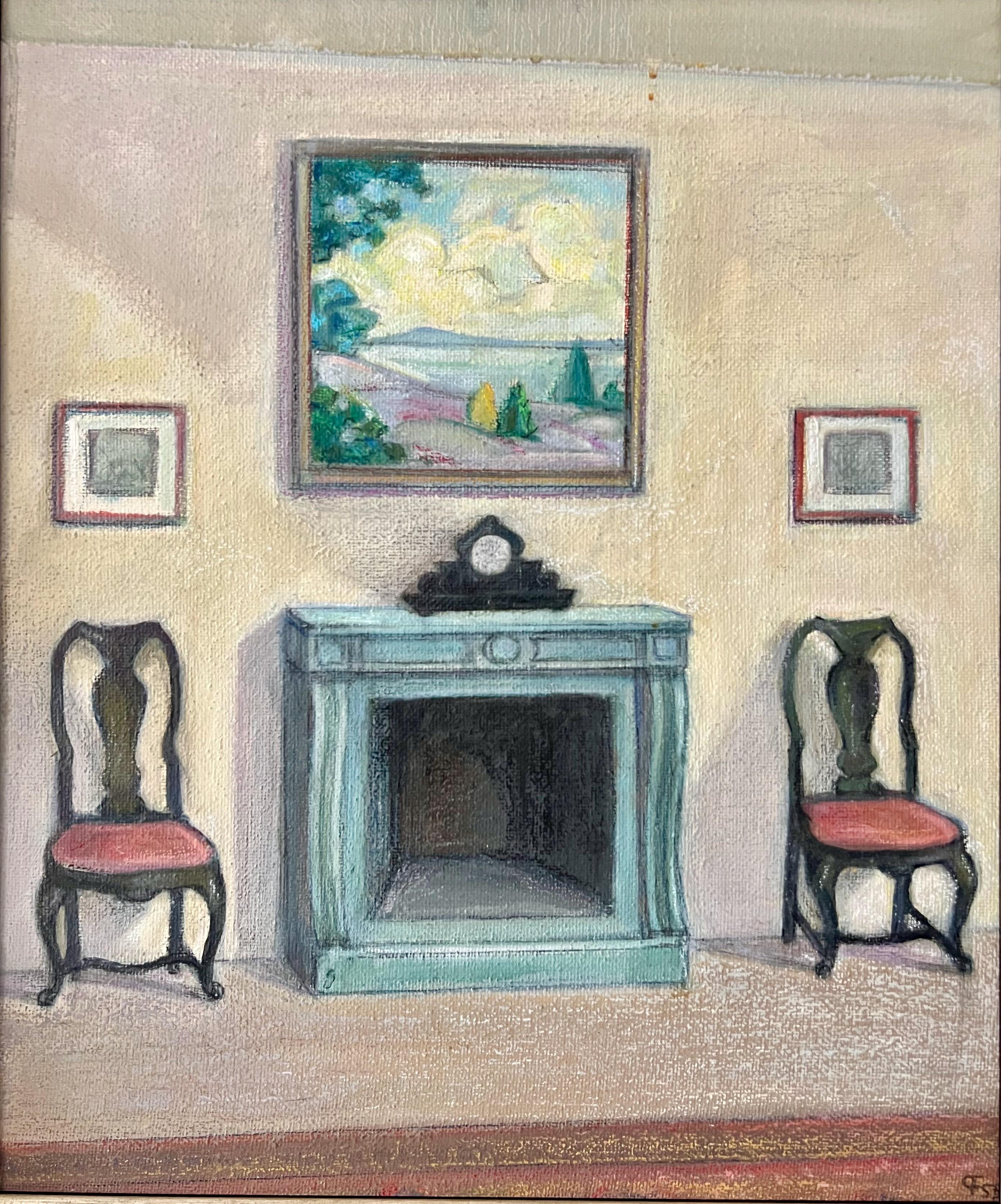 Ein fesselndes Innengemälde des Künstlers Per Fischer, das sein Wohnzimmer in seiner Villa auf Lidingö, einer großen Insel vor Stockholm, zeigt. Das mit 