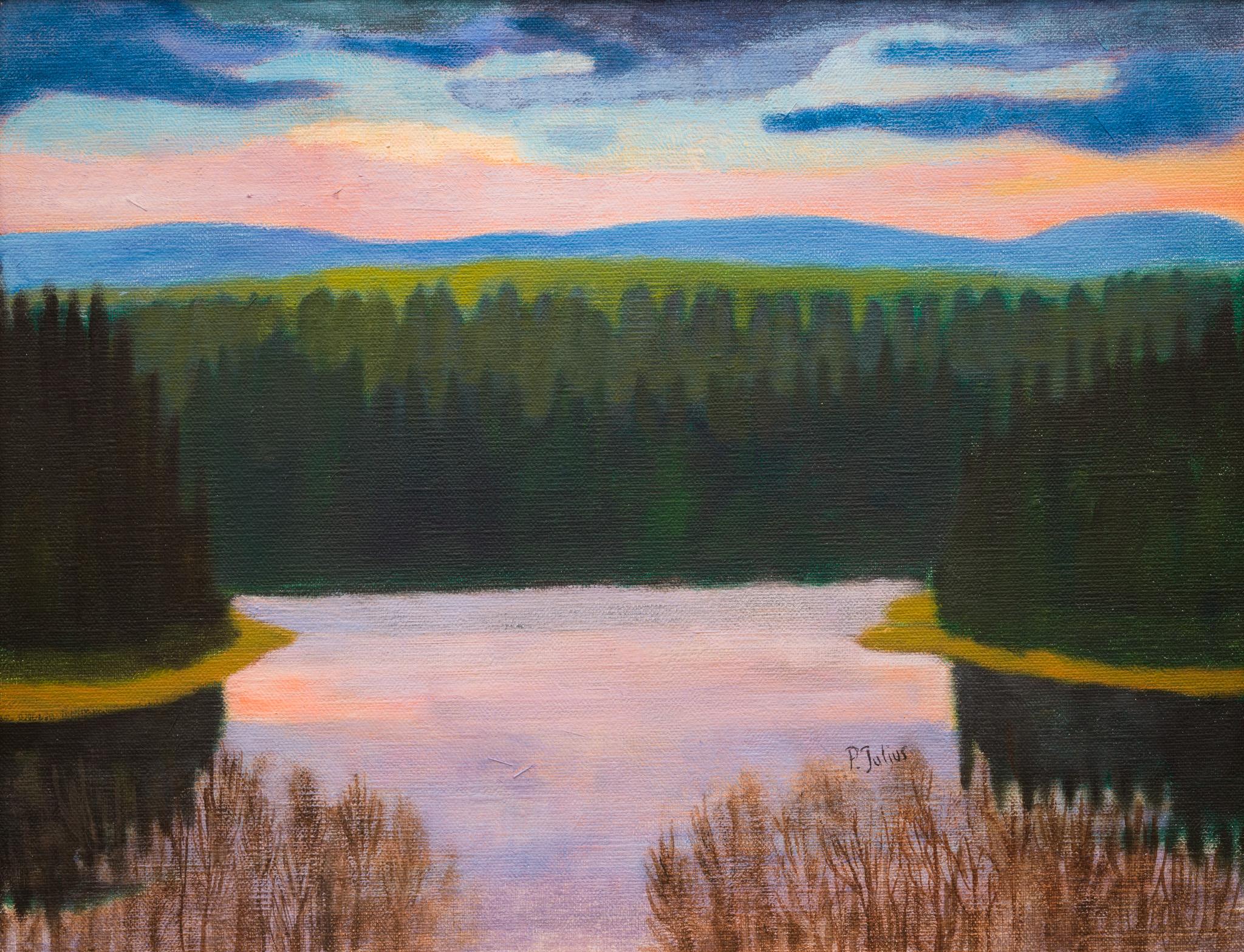 Introducing "Northern Serenity" by renowned Swedish artist Per Julius (born 1951). This captivating painting captures a serene landscape from the northern regions of Sweden. The artwork portrays a luminous sky, blending shades of light and dark
