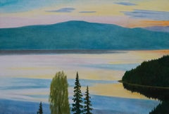 Vue de lac scandinave de l'artiste suédois Per Julius (né en 1951), huile sur toile