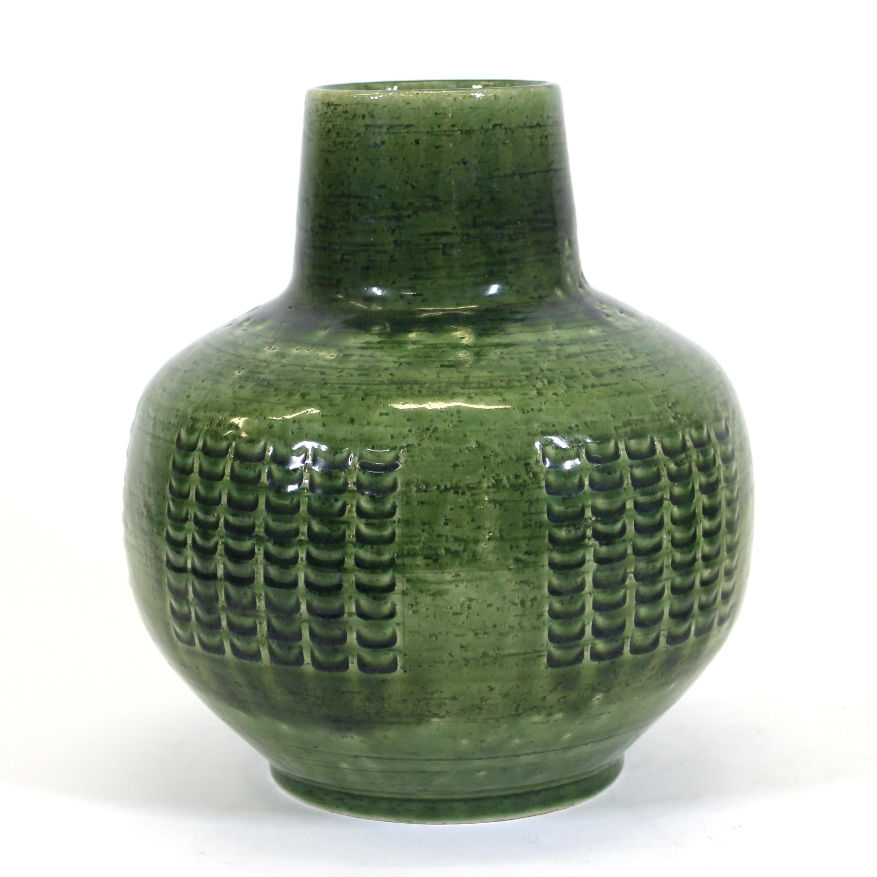 Per Linnemann-Schmidt for Palshus Danish Mid-Century Modern green glazed heavy ceramic vase, marked and signed on the bottom.