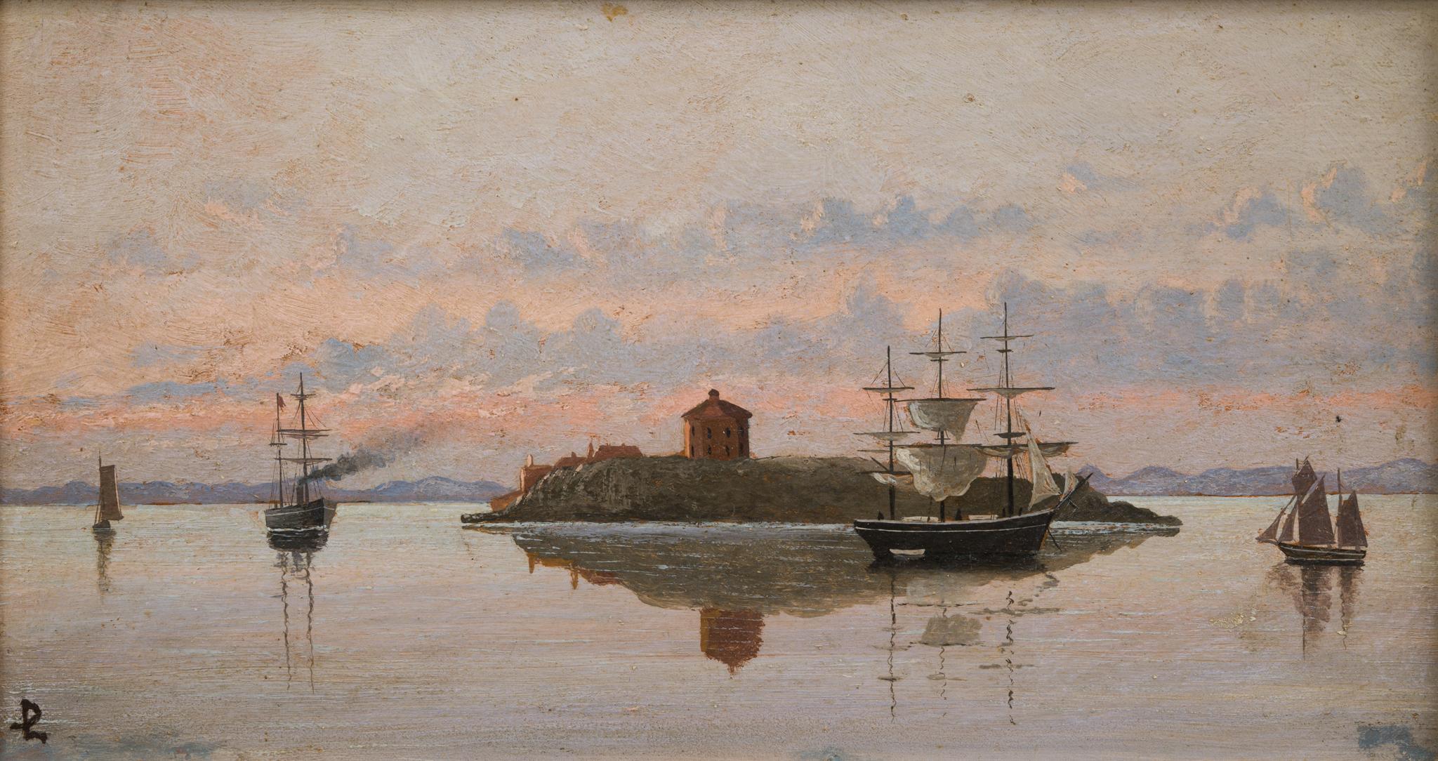 This exquisite painting by Per Linér, a distinguished Swedish artist born in the 19th century, eloquently captures the serene maritime essence of what appears to be the Helsingborg region. The canvas is brought to life with a selection of ships that