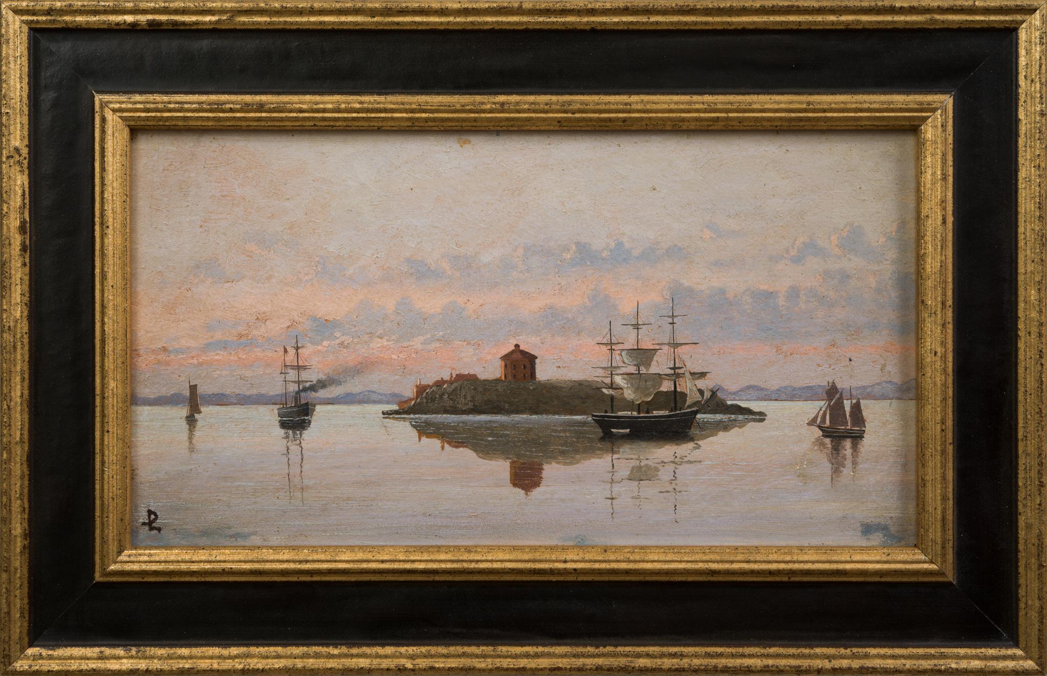 This exquisite painting by Per Linér, a distinguished Swedish artist born in the 19th century, eloquently captures the serene maritime essence of what appears to be the Helsingborg region. The canvas is brought to life with a selection of ships that