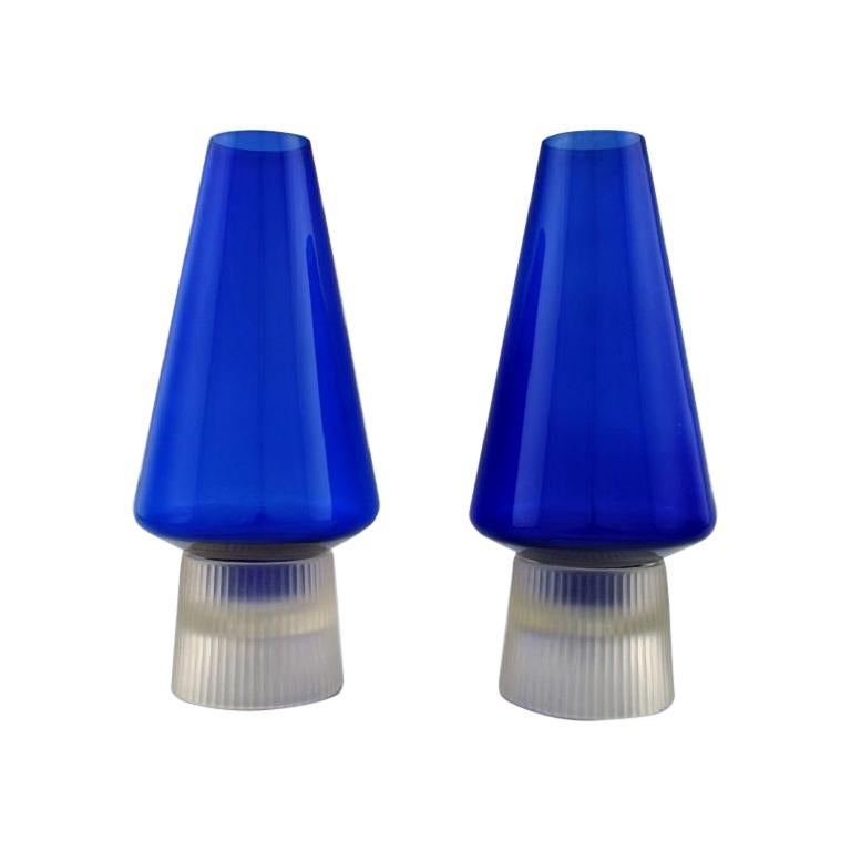 Per Lütken for Holmegaard. a Pair of Rare "Hygge" Lamps for Candles in Blue
