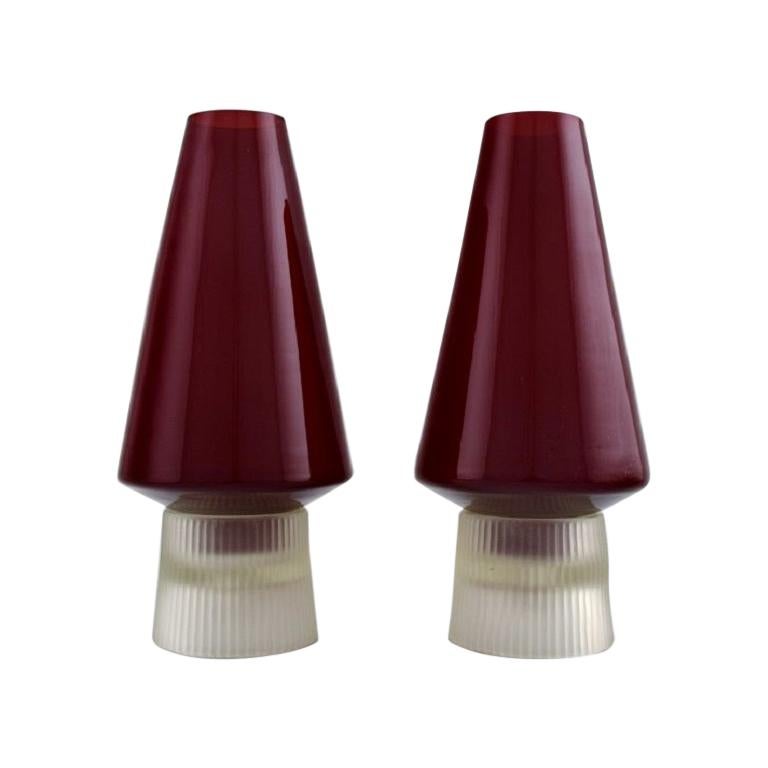 Per Lütken for Holmegaard, a Pair of Rare "Hygge" Lamps for Candles in Red For Sale