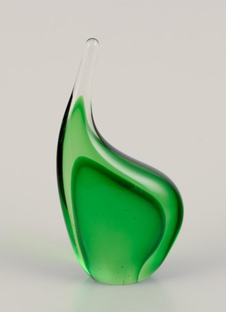 Scandinavian Modern Per Lütken for Holmegaard, Denmark. Sculpture in green art glass. Organic shape. For Sale