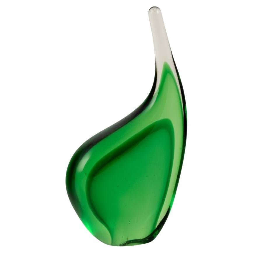 Per Lütken for Holmegaard, Denmark. Sculpture in green art glass. Organic shape. For Sale