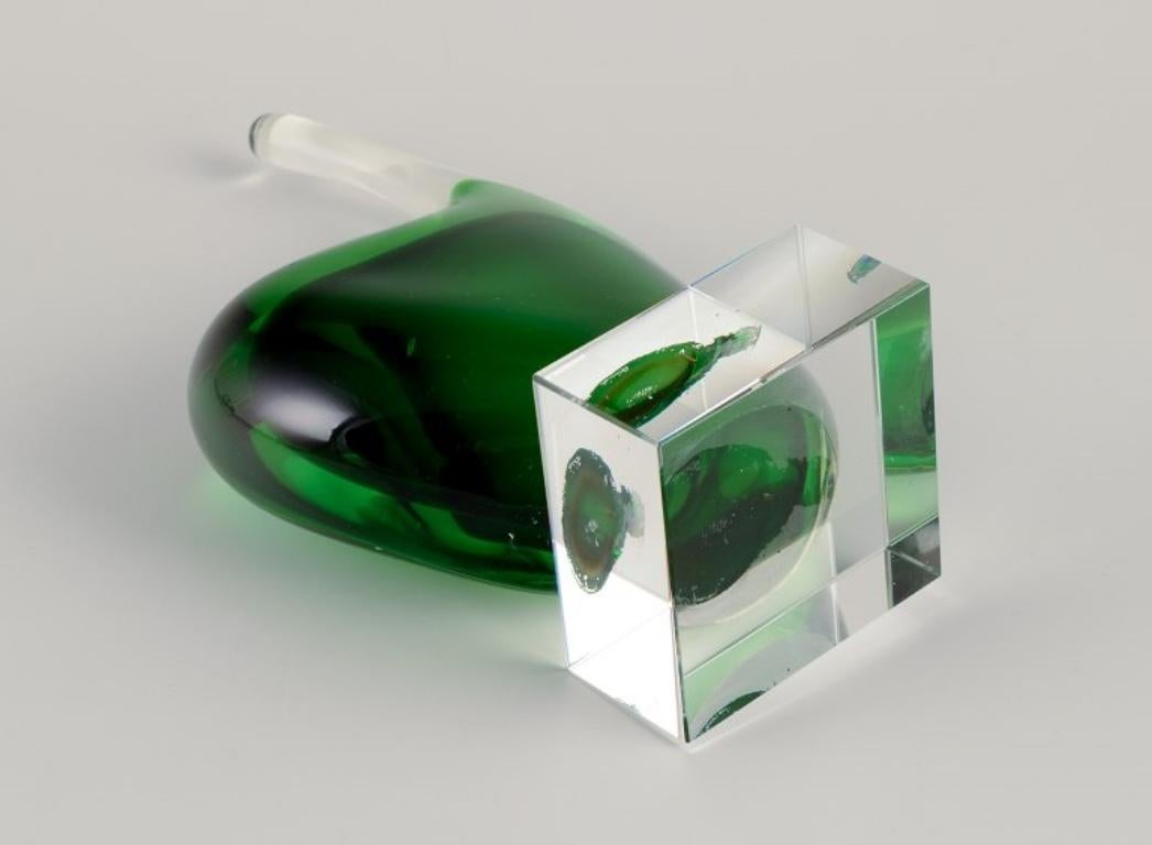 Mid-20th Century Per Lütken for Holmegaard. Sculpture in green art glass. On a base.  For Sale