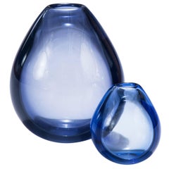 Per Lütken for Holmegaard Two Tear-Shaped Sapphire Blown Glass Vases