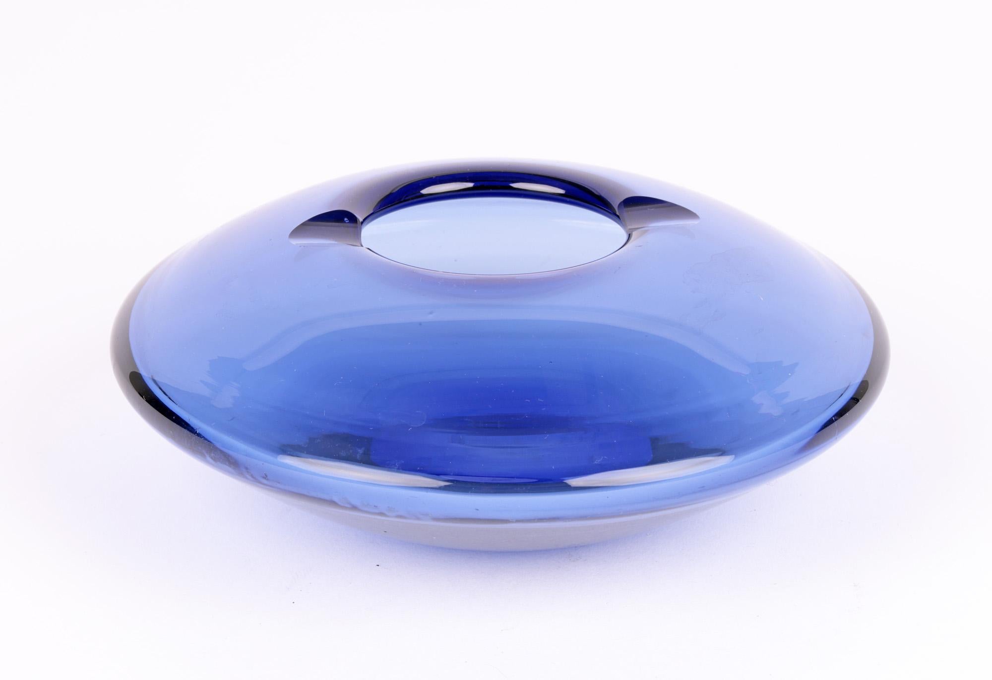 Hand-Crafted Per Lütken Holmegaard Danish Atomic Spaceship Blue Glass Ashtray For Sale