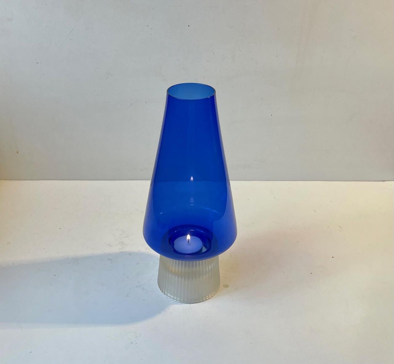 Scandinavian Modern Per Lütken 'Hygge' Candle Lamp in Blue Glass, Holmegaard 1970s For Sale