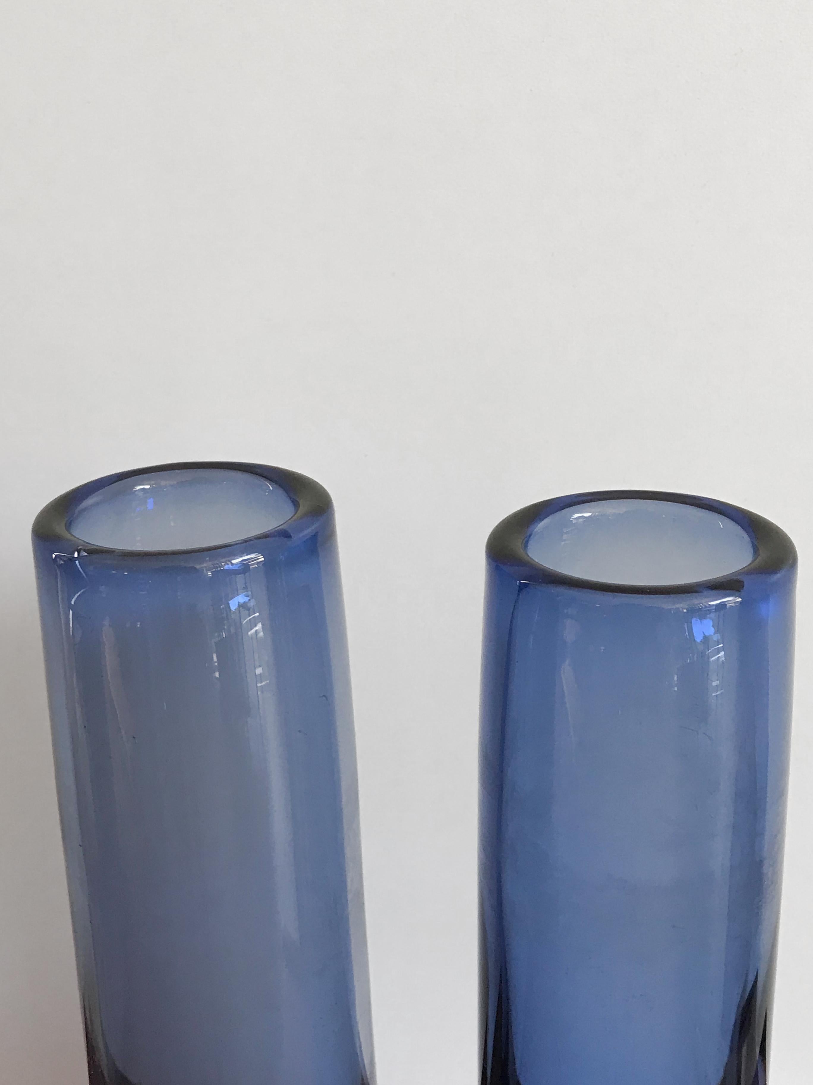 Scandinavian glass vases, set of two, designed by Per Lutken for Holmegaard with mark engraved on the bottom, some signs due to normal use over time, 1960s.