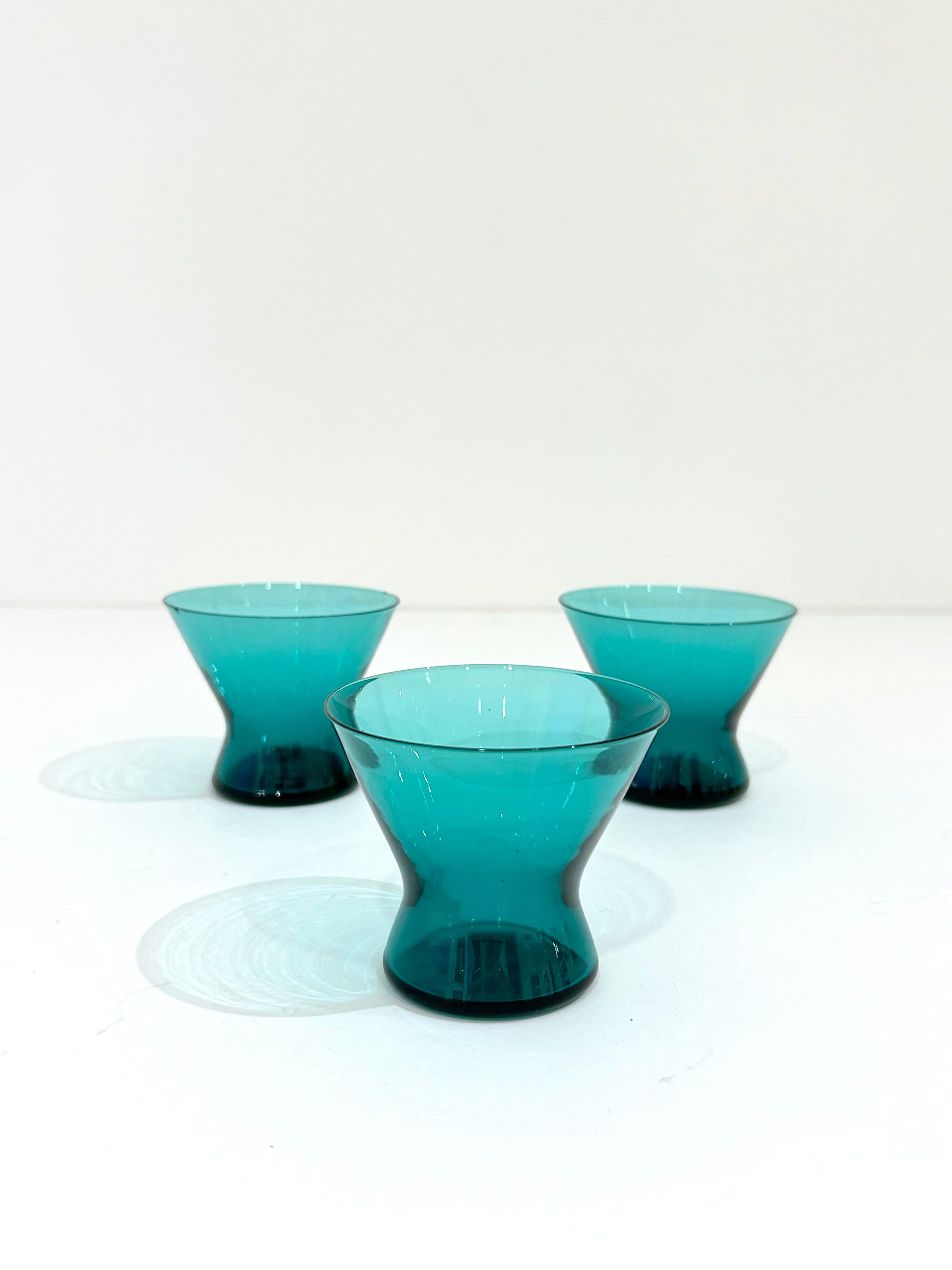 Set of 3 minimalist turquoise cocktail glasses by Per Lutken for Holmegaard. Denmark, C. 1960's.