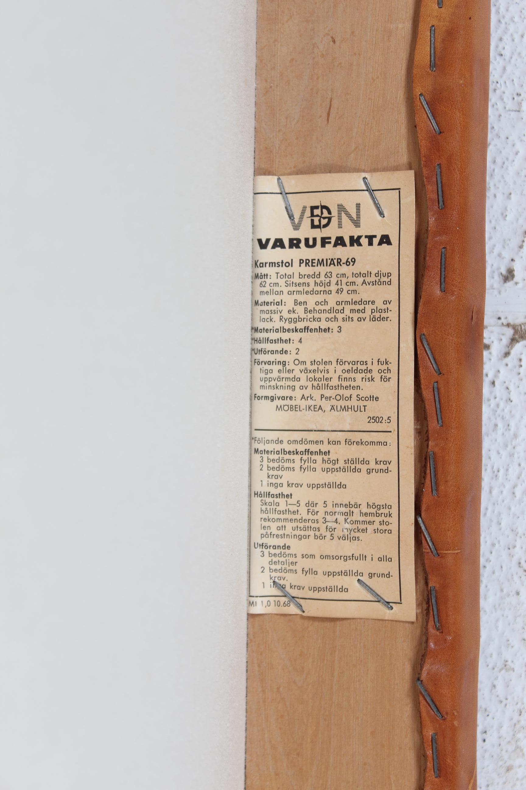 Per-Olof Scotte Premiär Sessel aus Eiche mit Kernleder. Schweden 1969 im Angebot 1
