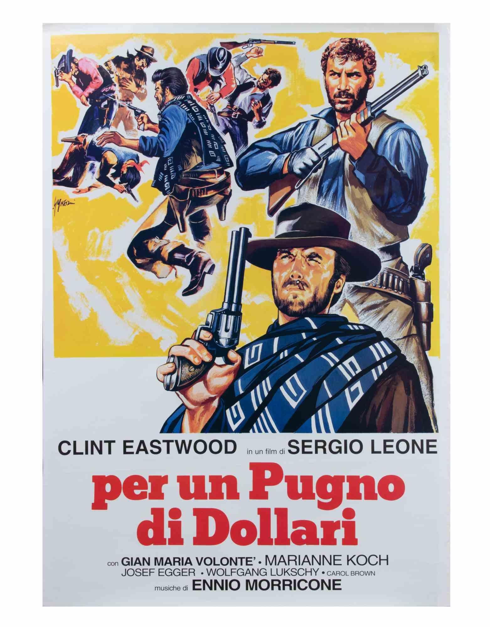 Vintage By.

2-Foglio italien (39 × 55 in.), Unidis.
Réalisé par Sergio Leone, avec Clint Eastwood, Gian Maria Volonté, Marianne Koch. Illustration classique de western spaghetti par Sandro Montage (