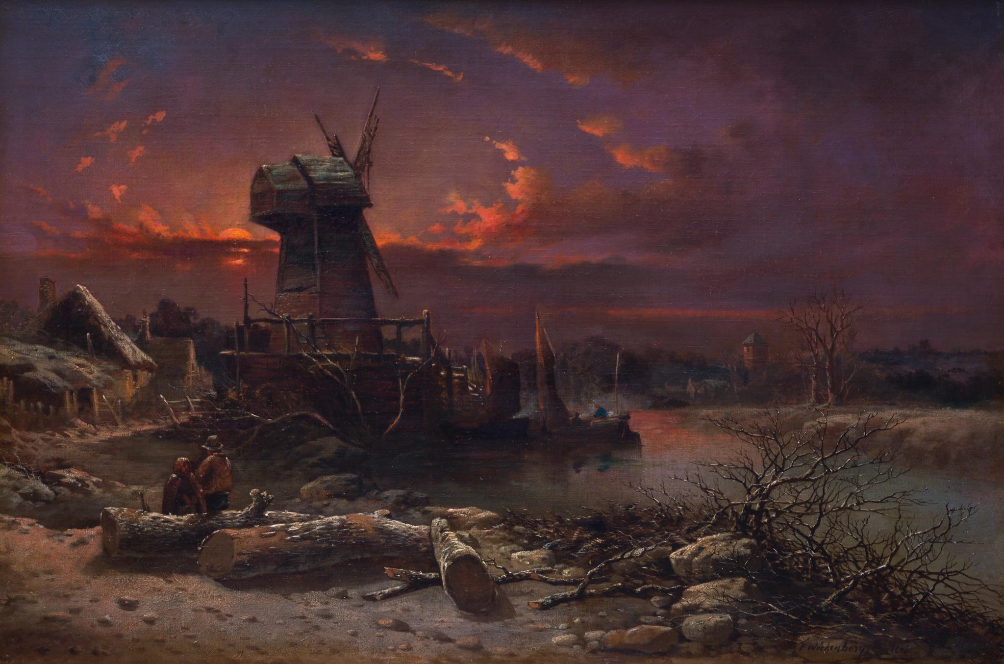 Paysage hollandais d'hiver au coucher du soleil, 1842 - Painting de Per Wickenberg