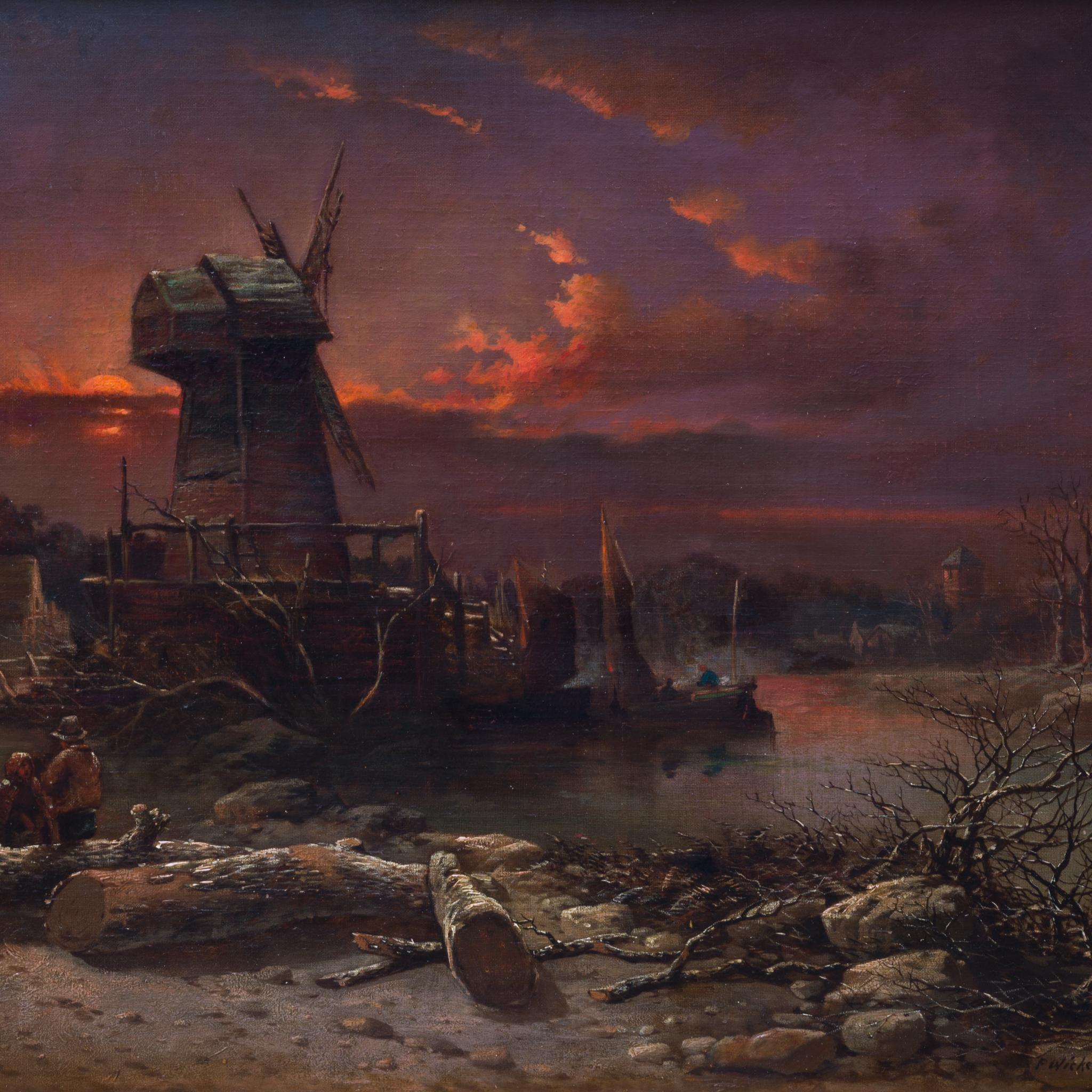 Paysage hollandais d'hiver au coucher du soleil, 1842 - Marron Figurative Painting par Per Wickenberg