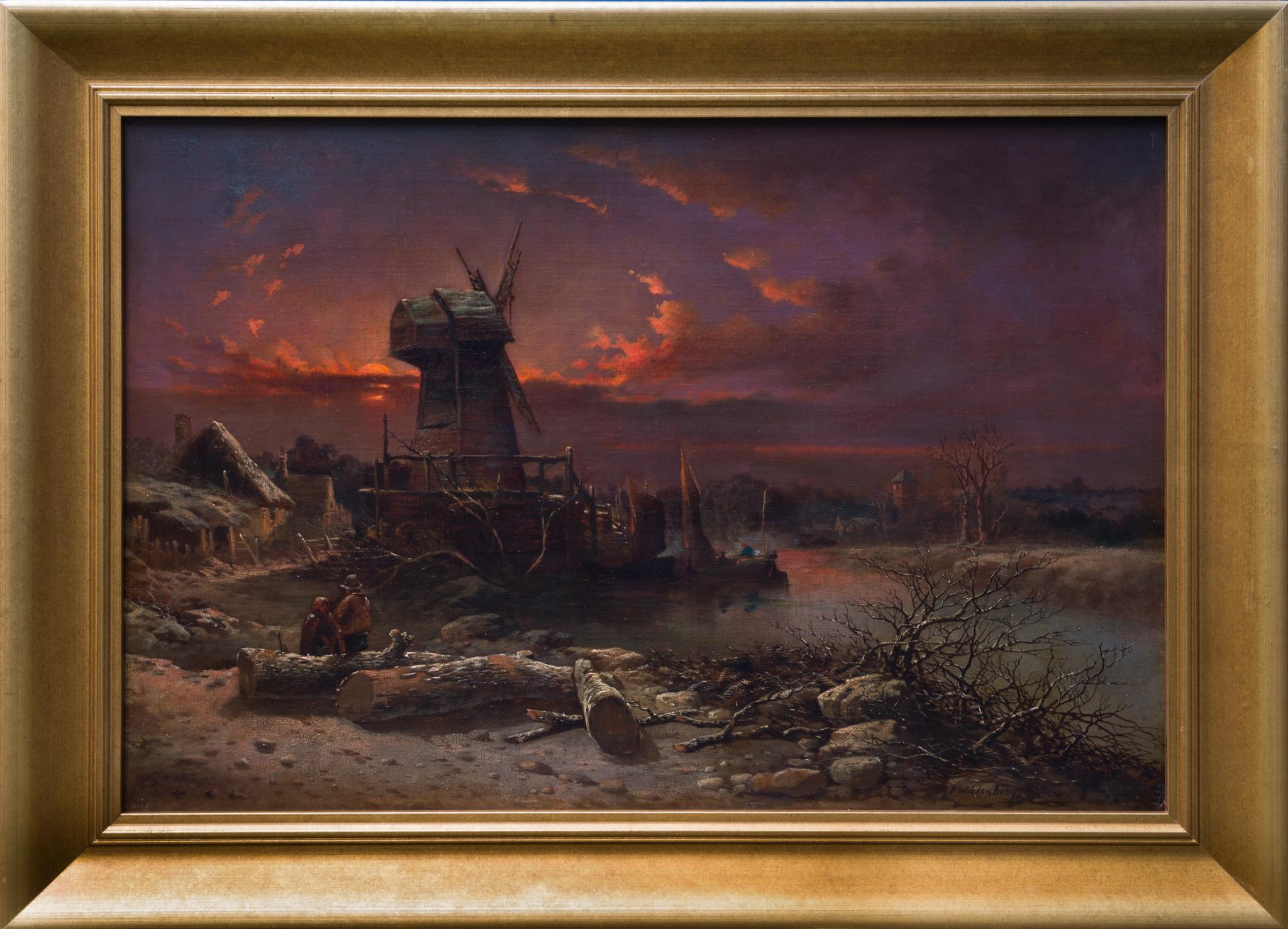 Figurative Painting Per Wickenberg - Paysage hollandais d'hiver au coucher du soleil, 1842