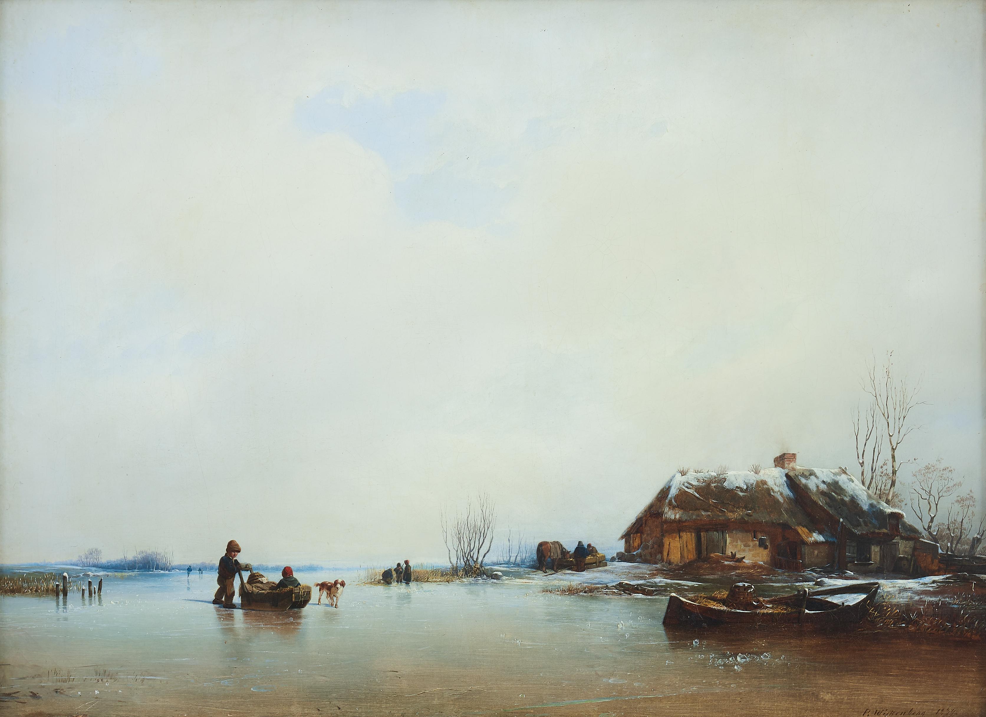 Dutch Winter landscape with children playing on the ice by Per Wickenberg, 1839 For Sale 1