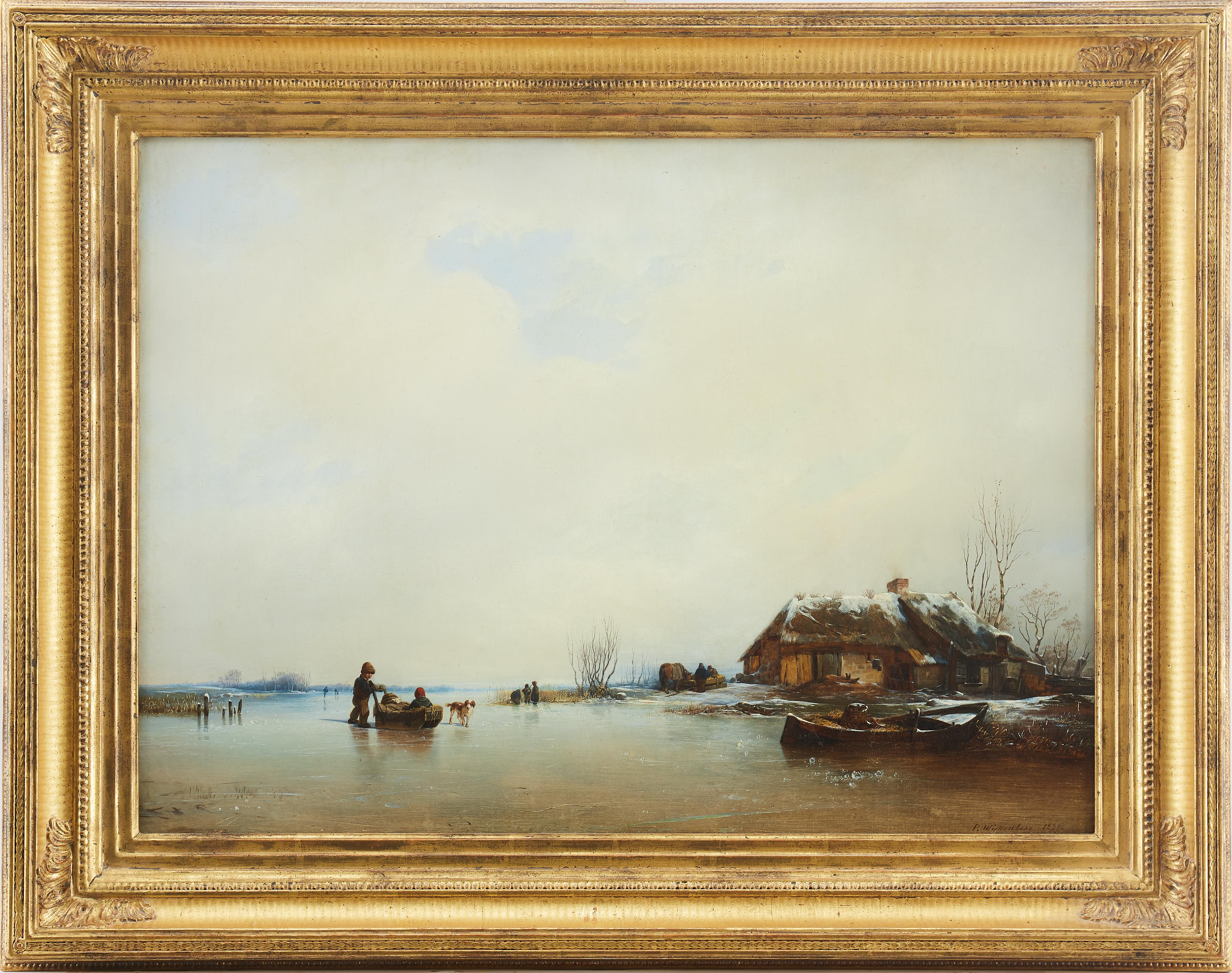 Dutch Winter landscape with children playing on the ice by Per Wickenberg, 1839 For Sale 2
