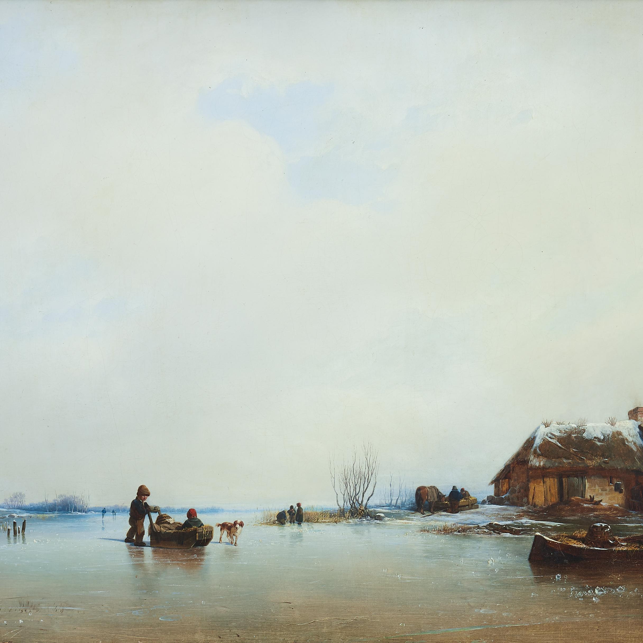 Dutch Winter landscape with children playing on the ice by Per Wickenberg, 1839 For Sale 3