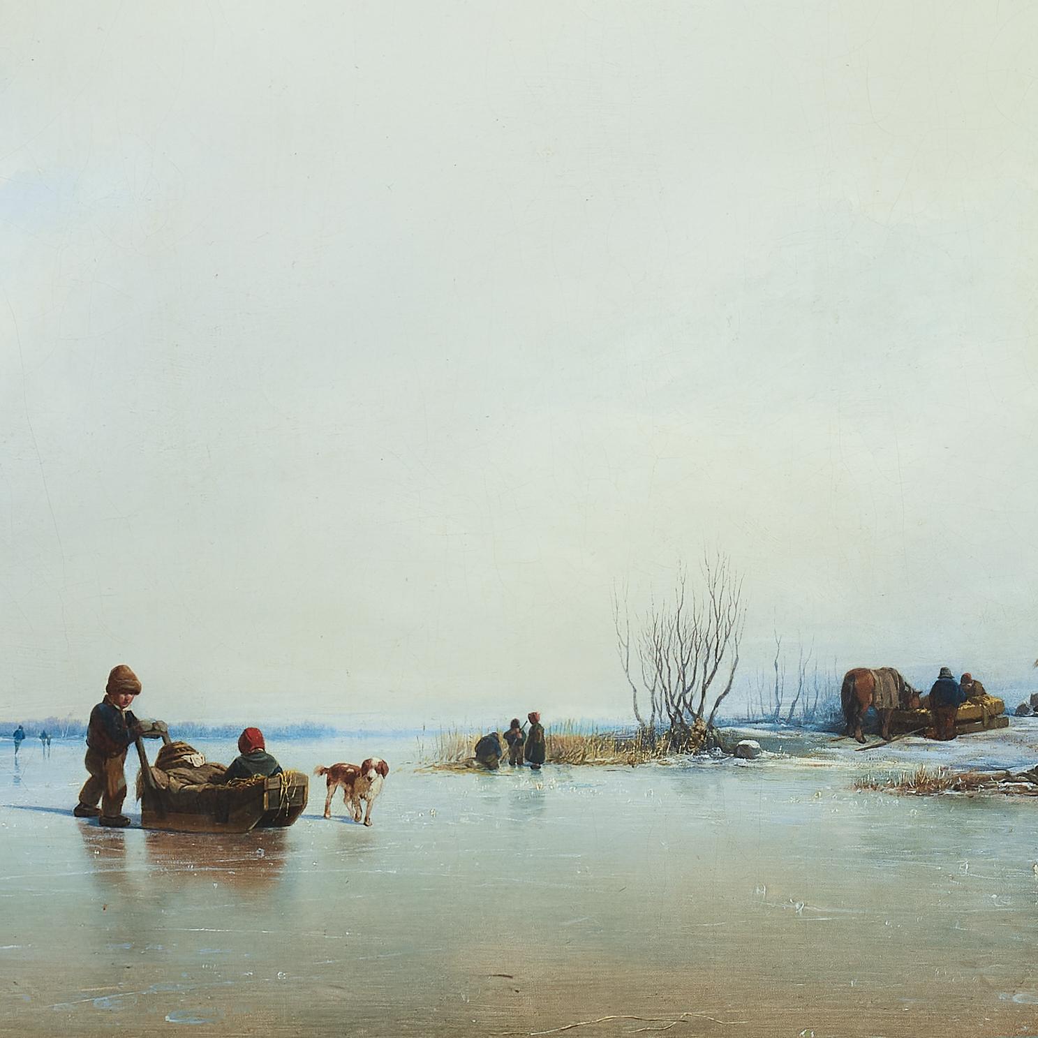 Dutch Winter landscape with children playing on the ice by Per Wickenberg, 1839 For Sale 4