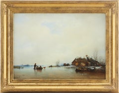 Antique Dutch Winter landscape with children playing on the ice by Per Wickenberg, 1839
