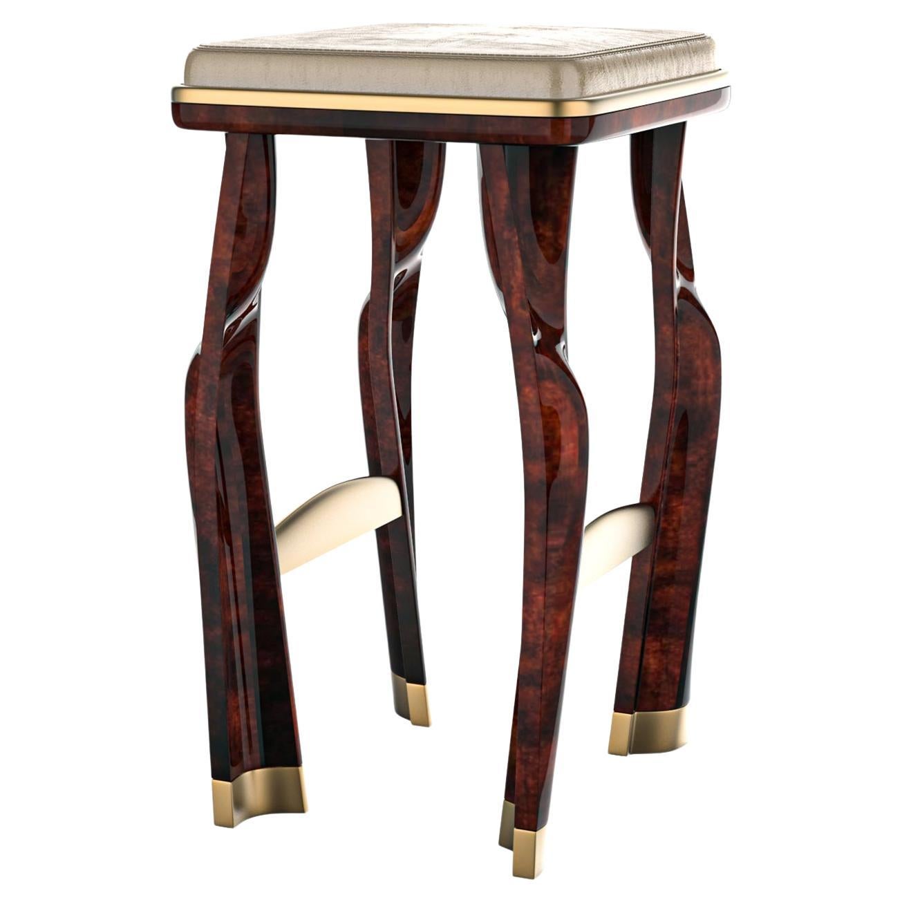 "Pera" Bar Stool with Burl Walnut and Bronze Details, Hand Crafted, Istanbul For Sale