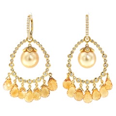 "Vintage Pearl and Citrine Briolette Diamond Dangle Earrings in 18K Yellow Gold