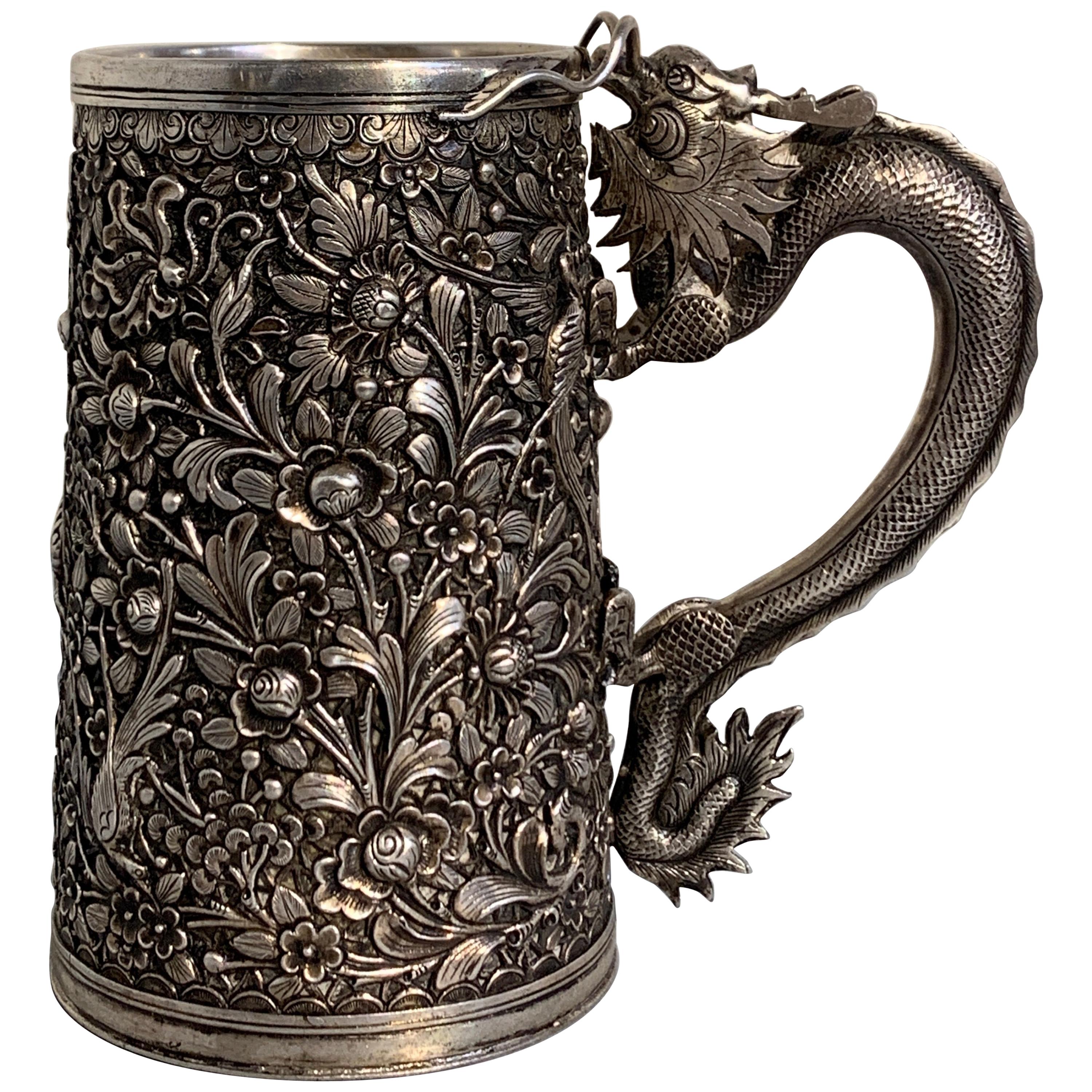 Peranakan Chinese Export Silver Tankard with Dragon Handle, 19th Century