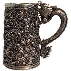 Antique Peranakan Chinese Export Silver Tankard with Dragon Handle, 19th Century