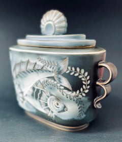 "Perch & Angelfish, " Unique, Ambitious Art Deco Covered Urn by Nylund, Rorstrand