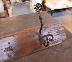 Rustic Antique Wooden Coat Rack with Wrought Iron Hooks