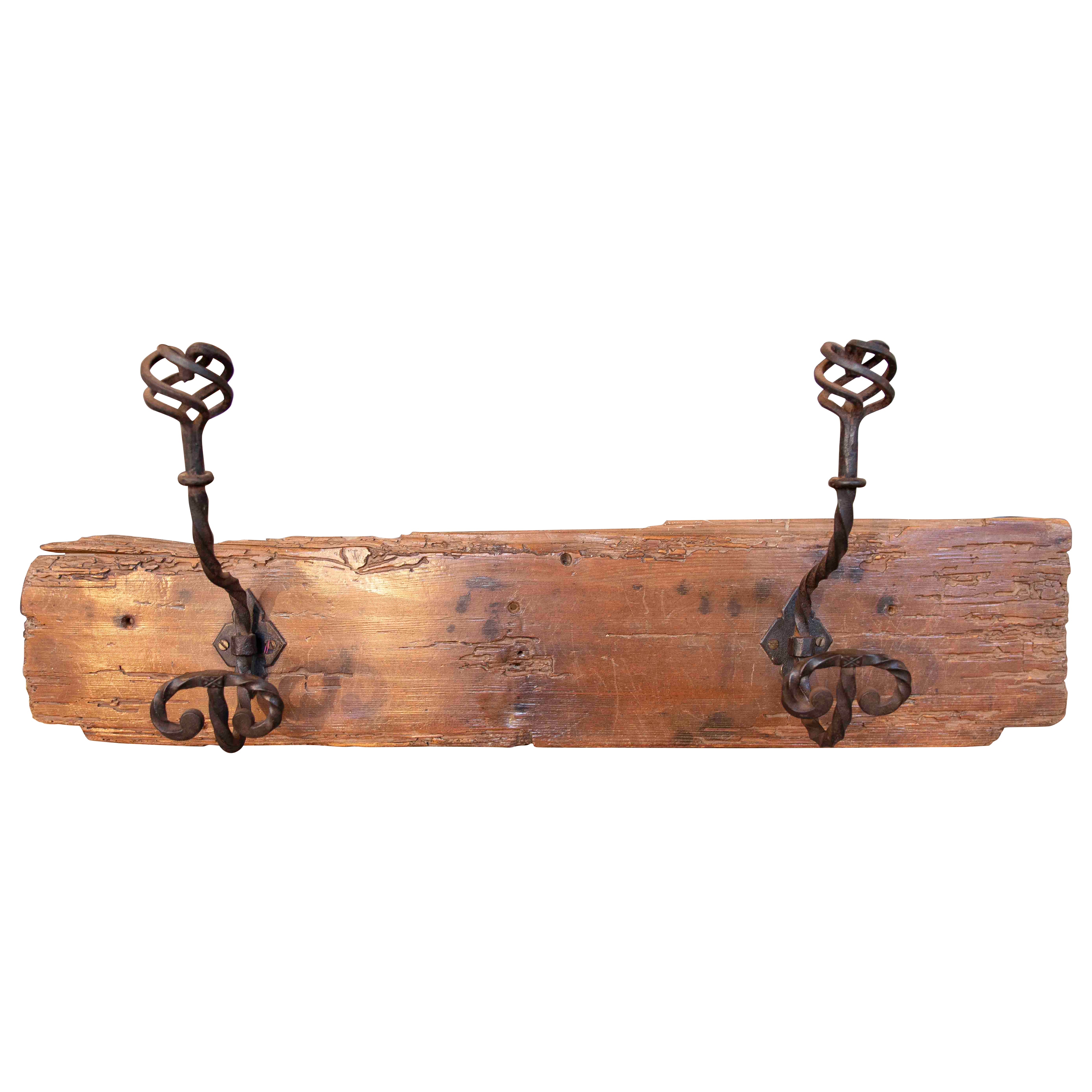 Rustic Antique Wooden Coat Rack with Wrought Iron Hooks