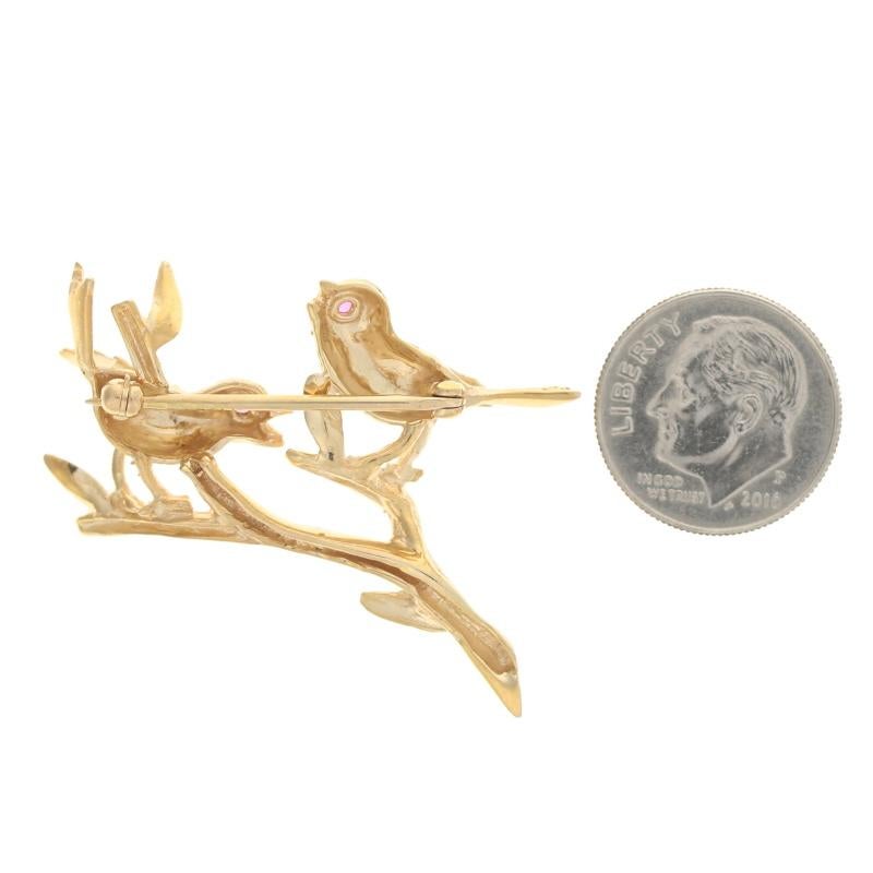 Round Cut Perching Songbirds Brooch, 14k Yellow Gold Ruby-Accented Pin