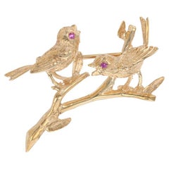Perching Songbirds Brooch, 14k Yellow Gold Ruby-Accented Pin
