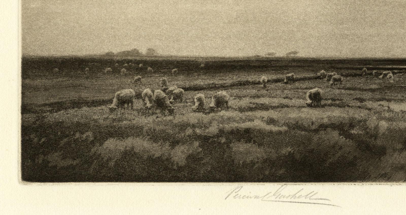 This is a fine aquatint etching by British artist Percival Gaskell.  The title is: The Lonely Tower, Roman Campagna, it was created and printed in 1924 in an edition of 150.  The image measures 10X14 1/4 inches, hand signed lower border in pencil.  