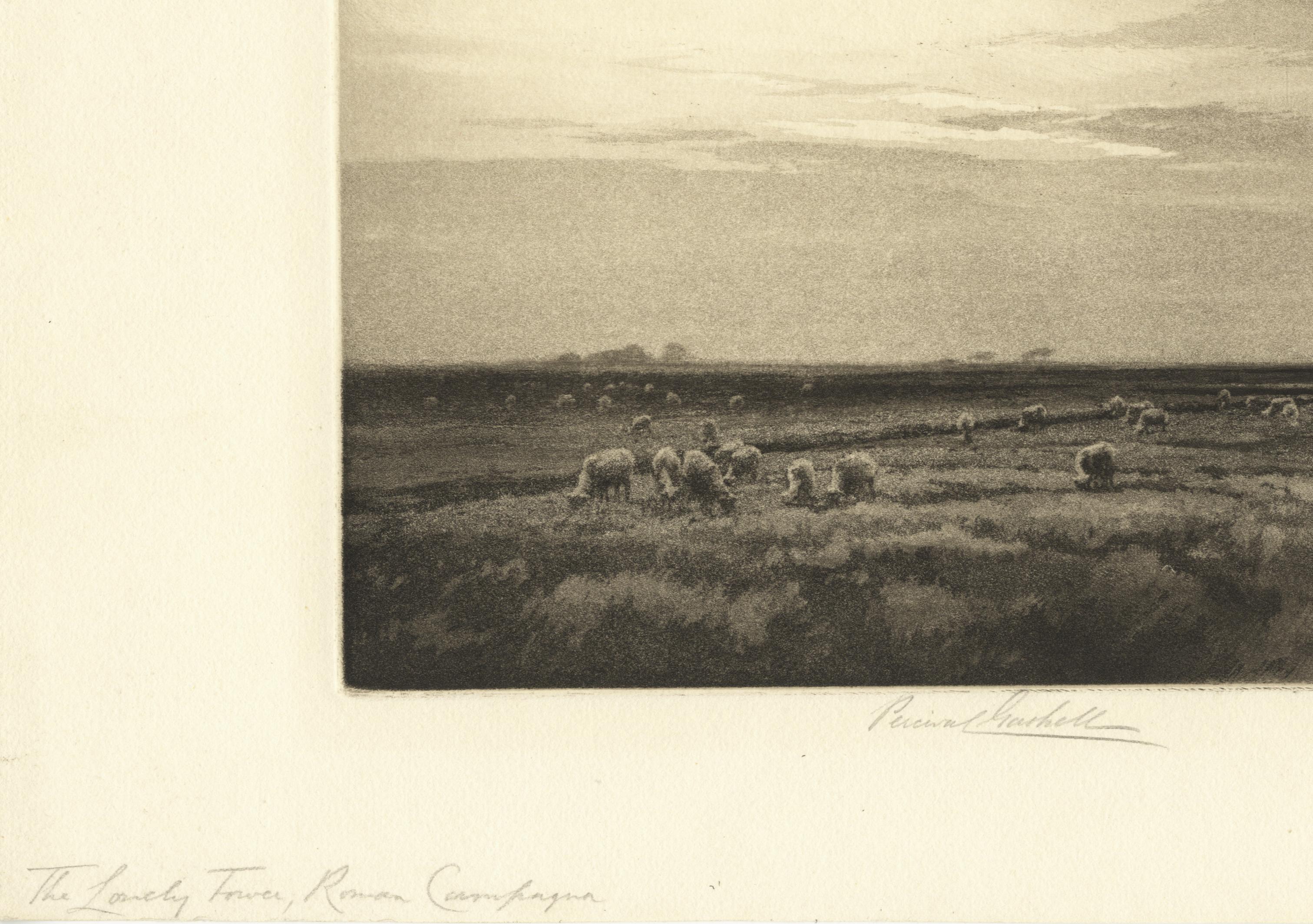 This is a fine aquatint etching by British artist Percival Gaskell.  The title is: The Lonely Tower, Roman Campagna, it was created and printed in 1924 in an edition of 150.  The image measures 10X14 1/4 inches, hand signed lower border in pencil.  