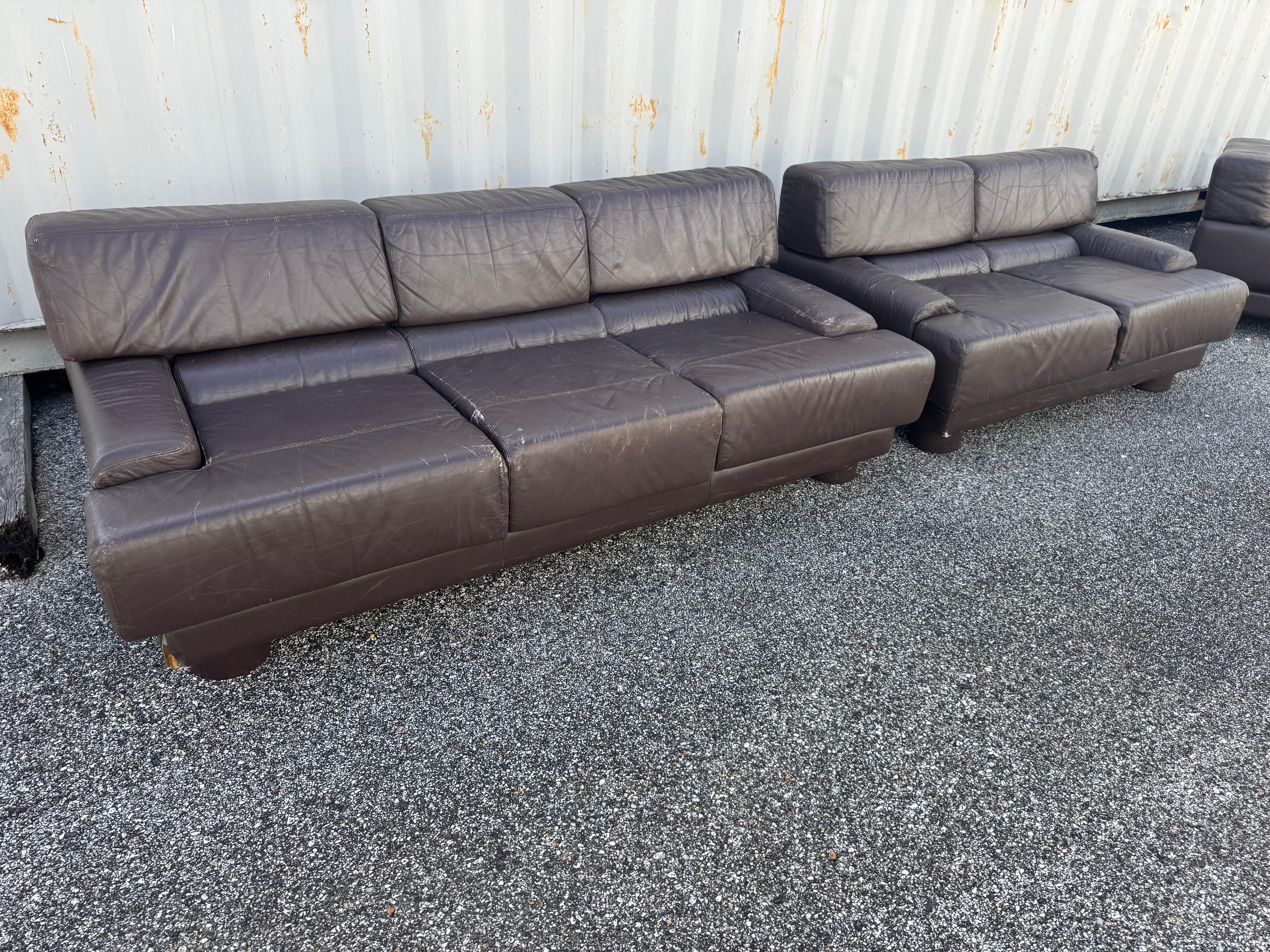 Mid-Century Modern Percival Lafer 3 Seat Brown Leather Sofa and Loveseat  (lounge chairs available) For Sale
