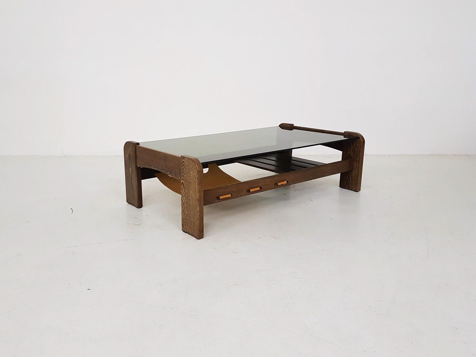 Brutalist Percival Lafer Attributed Glass, Wenge and Leather Coffee Table, Brasil, 1970s