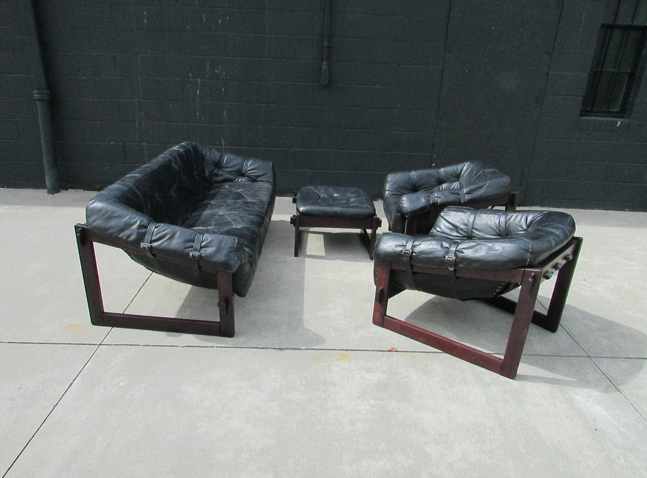 Percival Lafer Brazil Black Leather on Rosewood 4 Piece Living Room  In Good Condition In Ferndale, MI