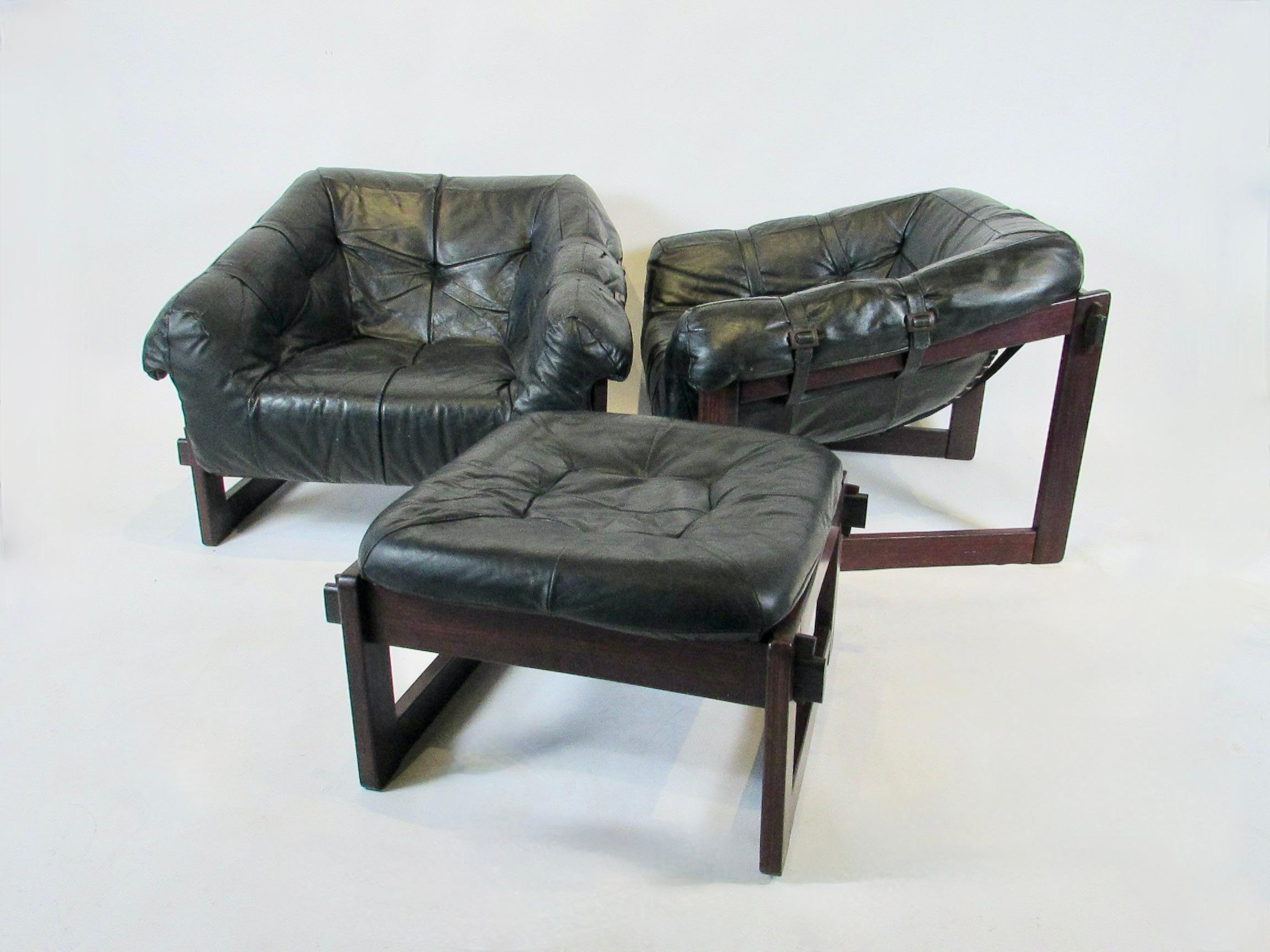20th Century Percival Lafer Brazil Black Leather on Rosewood 4 Piece Living Room 