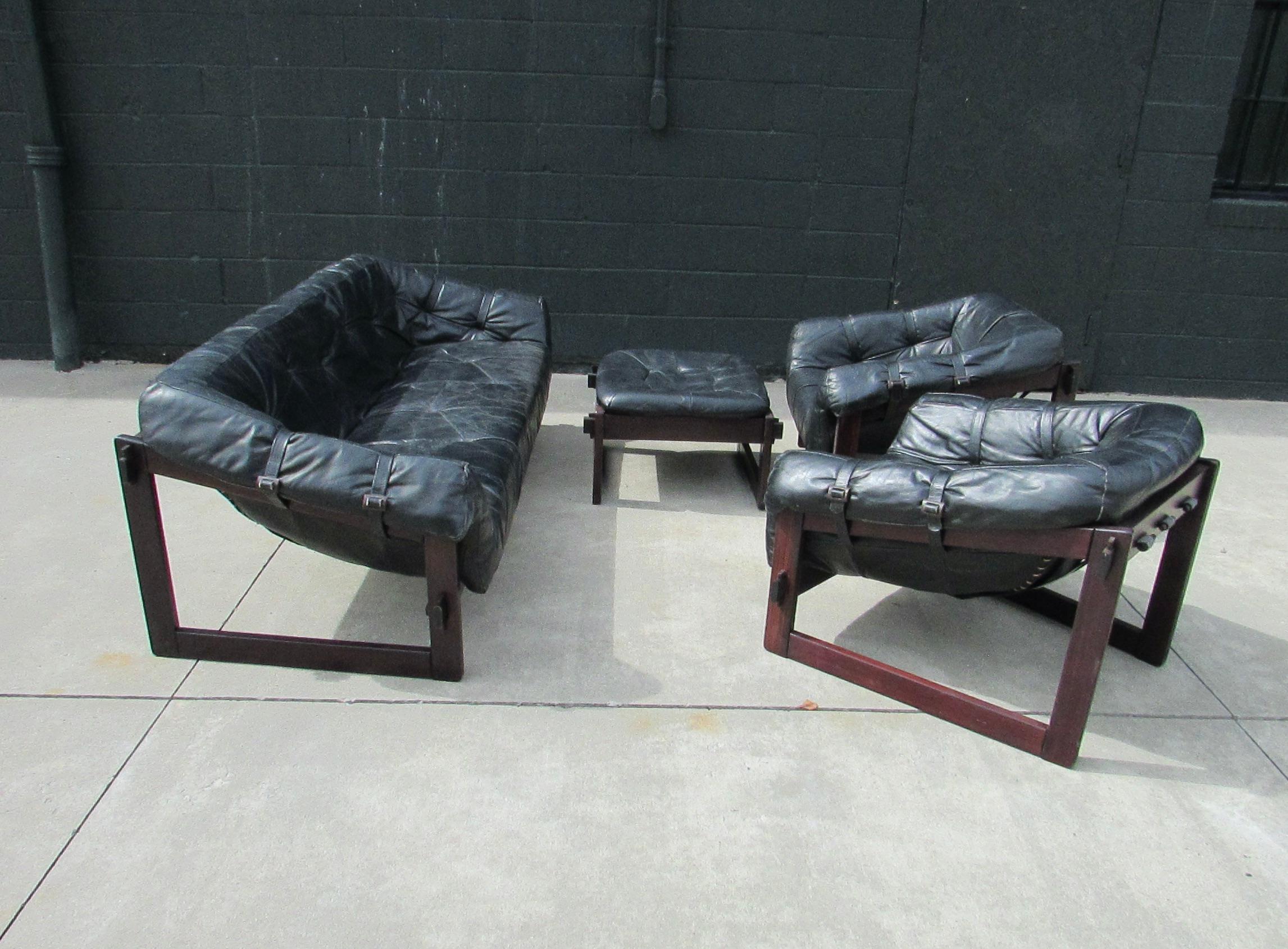 Percival Lafer Brazil Black Leather on Rosewood 4 Piece Living Room  1