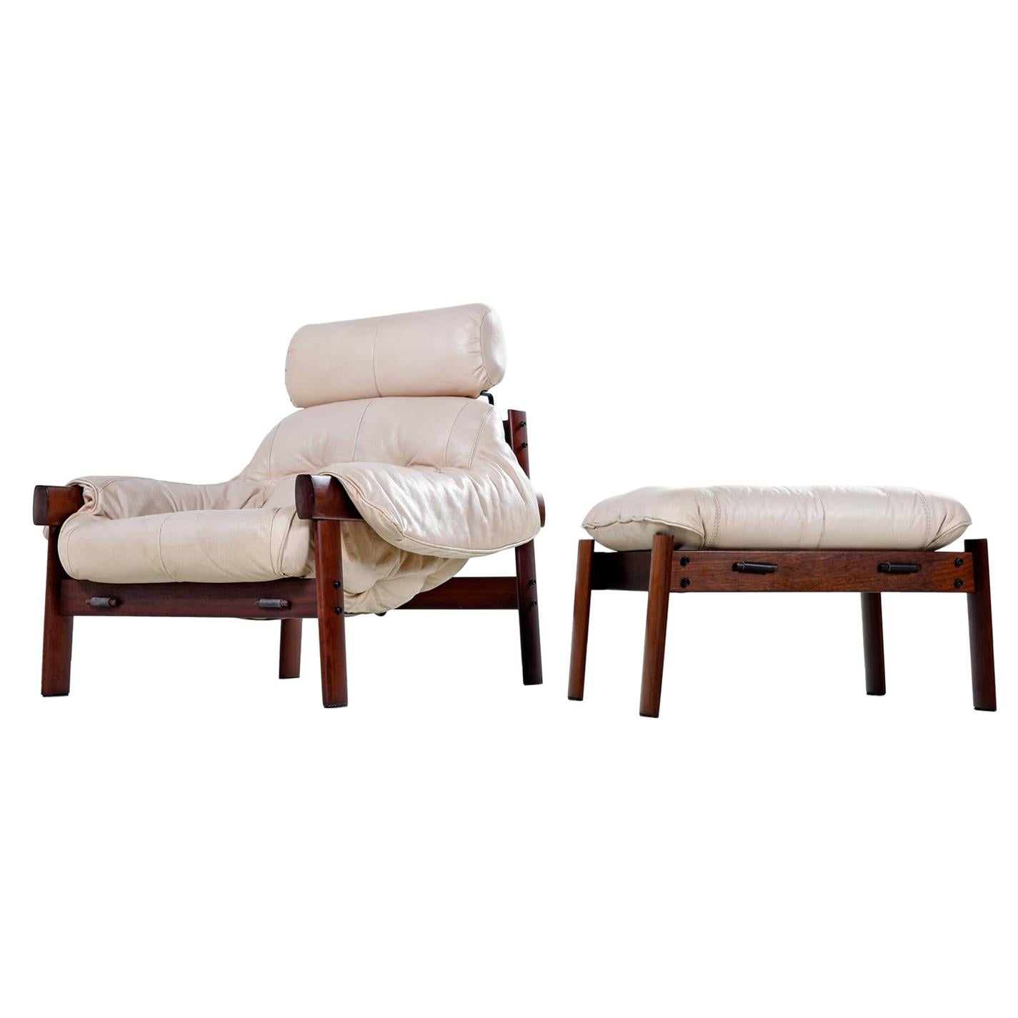 Percival Lafer Brazilian Blush Ivory Leather Rosewood Lounge Chair and Ottoman