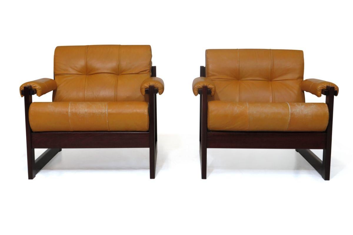 Leather Percival Lafer Brazilian Mahogany Sling Chairs and Ottoman Set For Sale