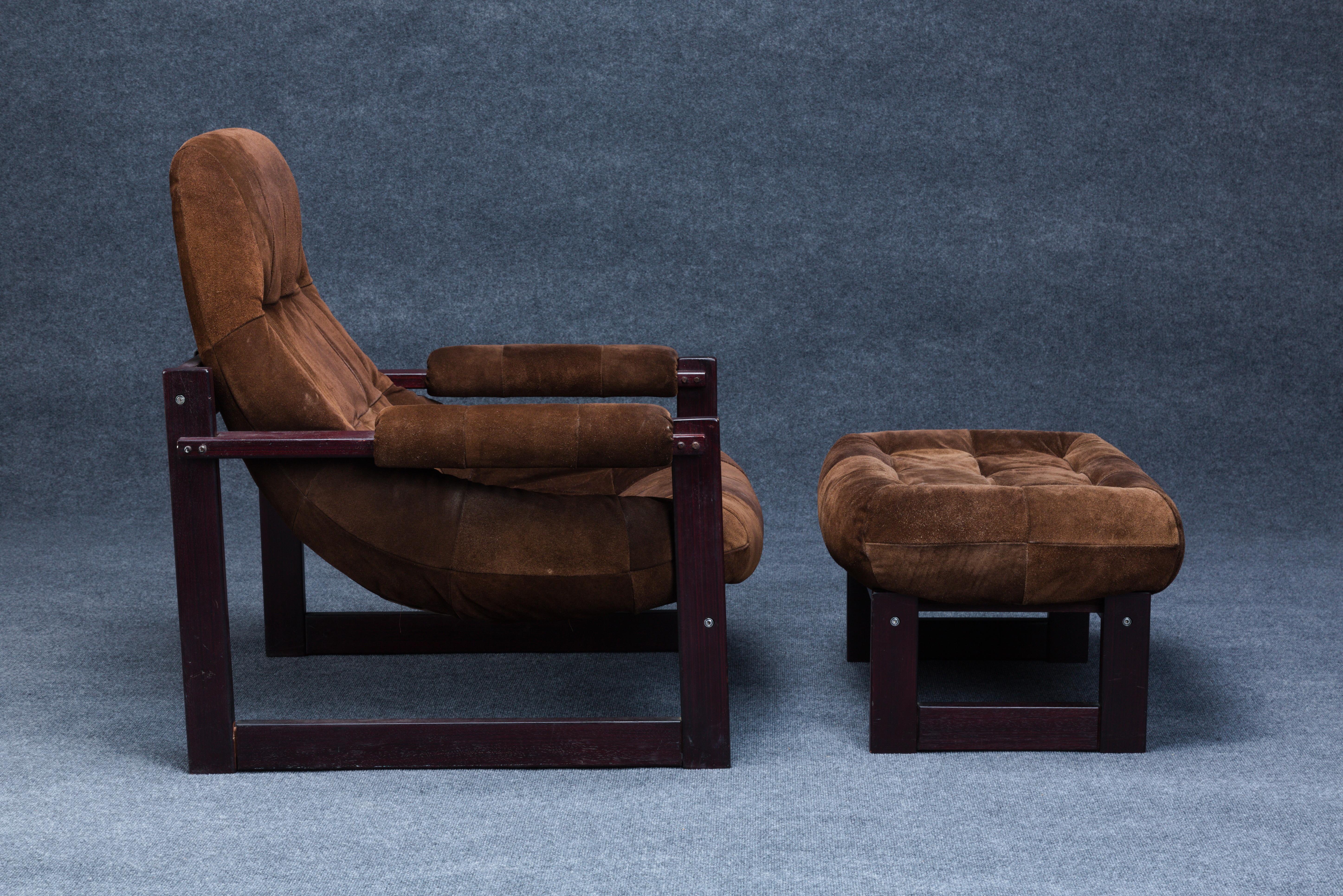 Percival Lafer (Brazilian, b. 1936) lounge chair and ottoman, Brazil, c. 1965, rosewood frames with leather upholstery, chair, foil Design Lafer label and remains to a paper label, ht. 36, seat height. 15 1/2, wide. 32, depth. 32, ottoman conforming