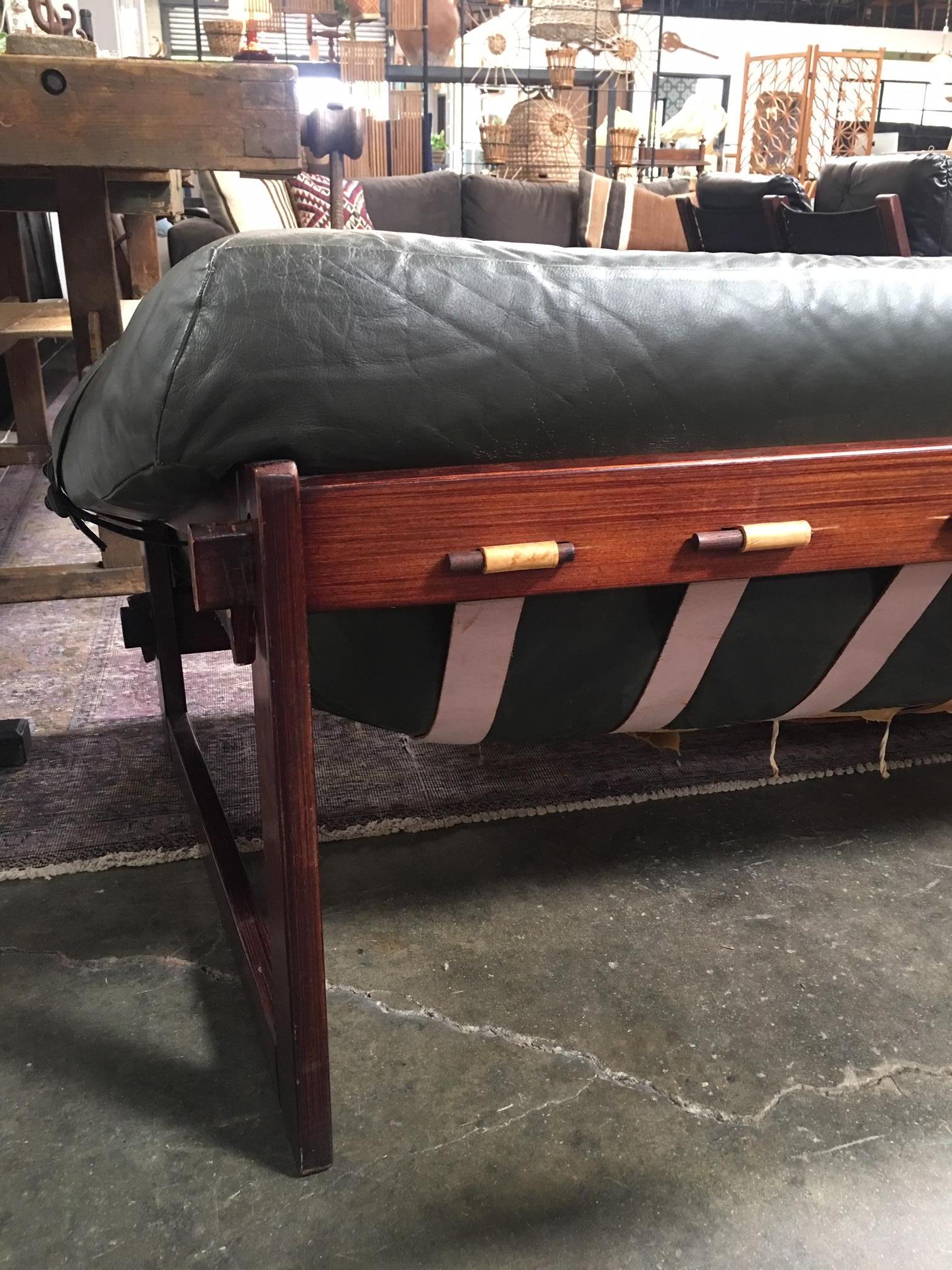 Percival Lafer Brazilian Sofa with Dark Green Leather In Good Condition In Los Angeles, CA